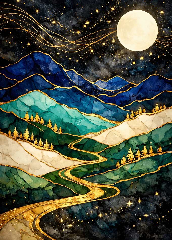Enchanted Night Landscape with Moon and Stars