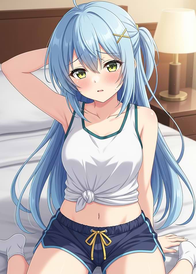 Anime girl in pajamas on bed