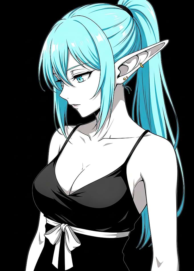 Anime Elf Girl in Black Dress