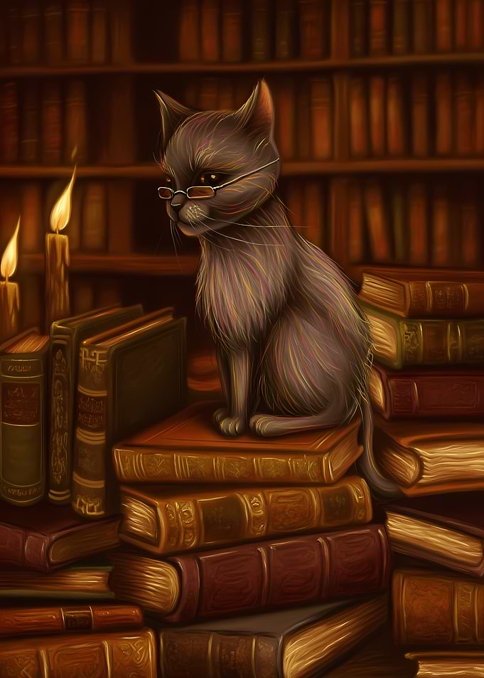 Cat in a Library with Candles