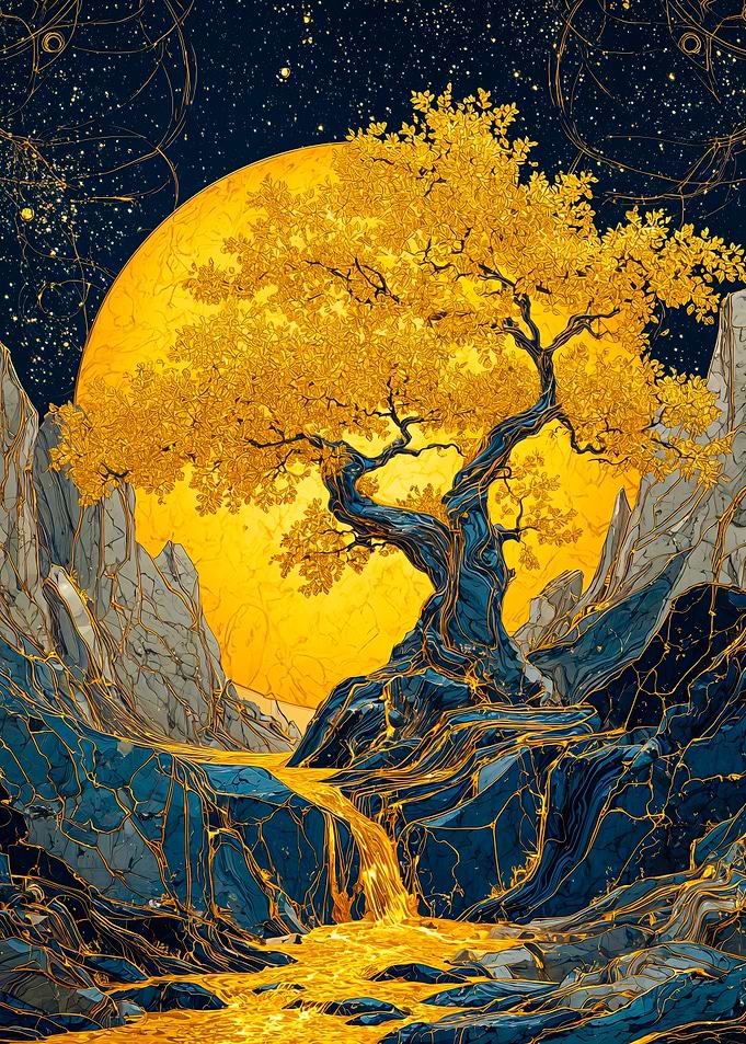 Golden Tree UnderGolden Tree Sun Blue Mountains a Giant Moon