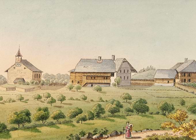 Pastoral Village Scene with Church and Farmhouses