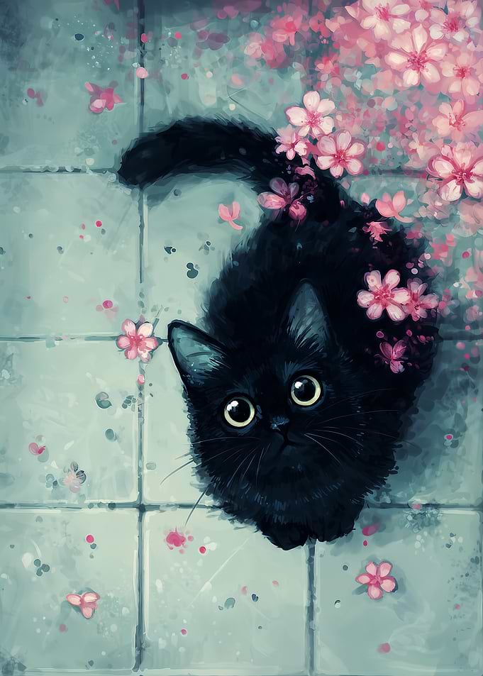 Cute Black Cat under Sakura Blossoms