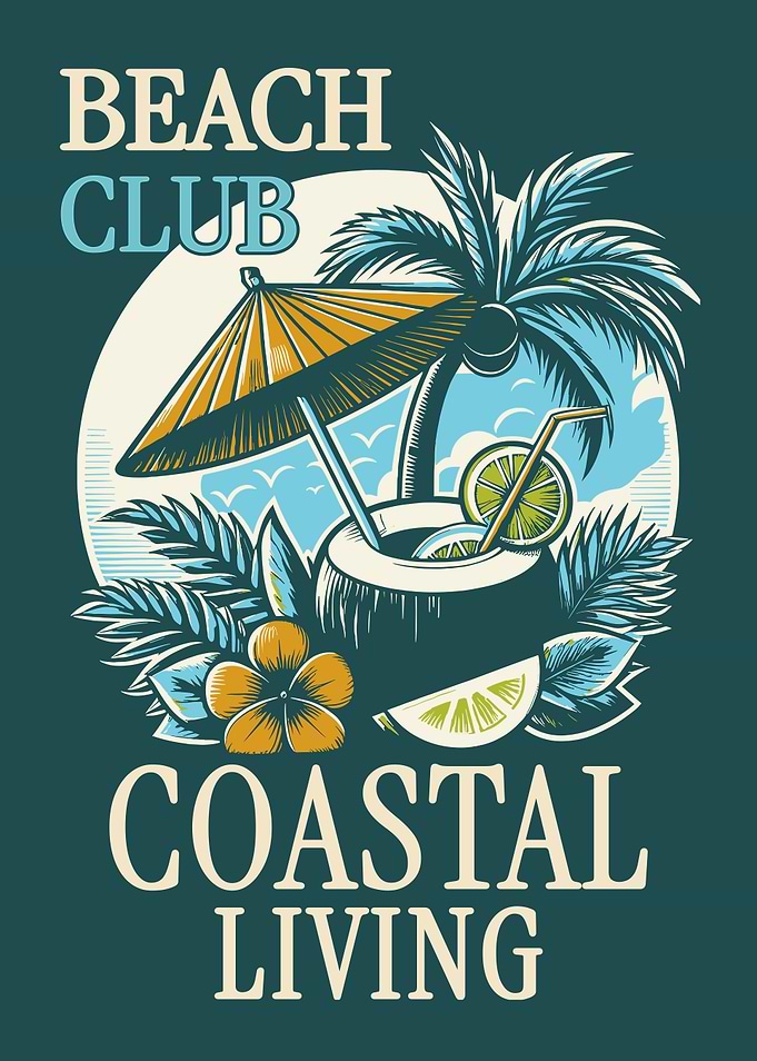 Beach Club Coastal Living Wall Art, Tropical Beach Poster, Vintage Coastal Decor Illustration