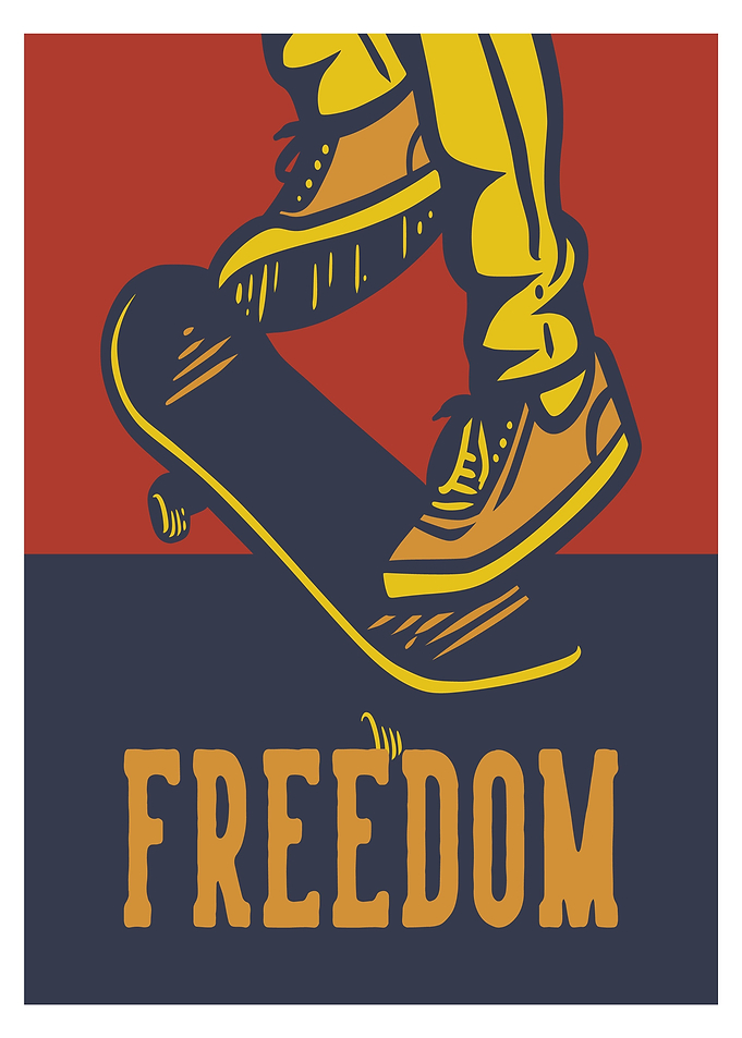 Skateboarder with Freedom text