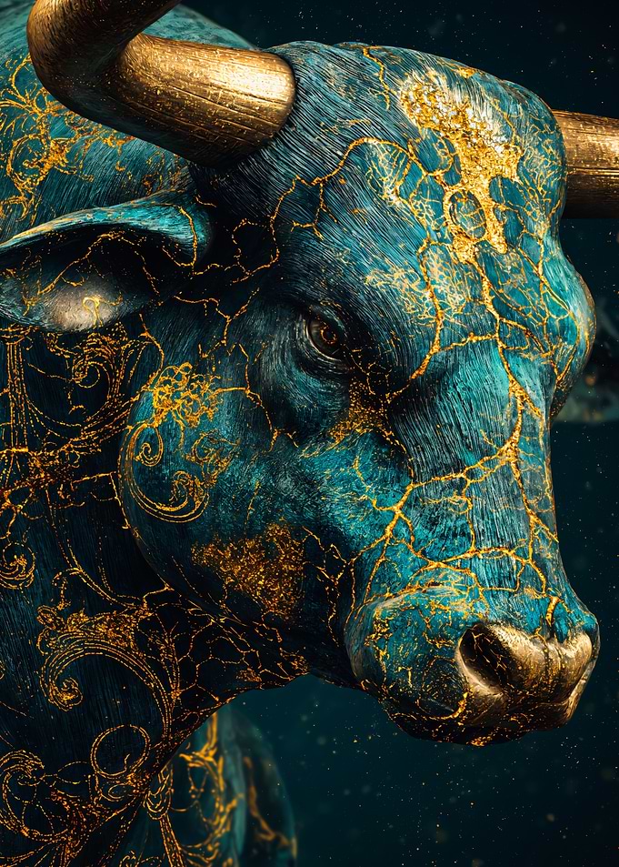 Ornate Golden Bull Teal Kintsugi