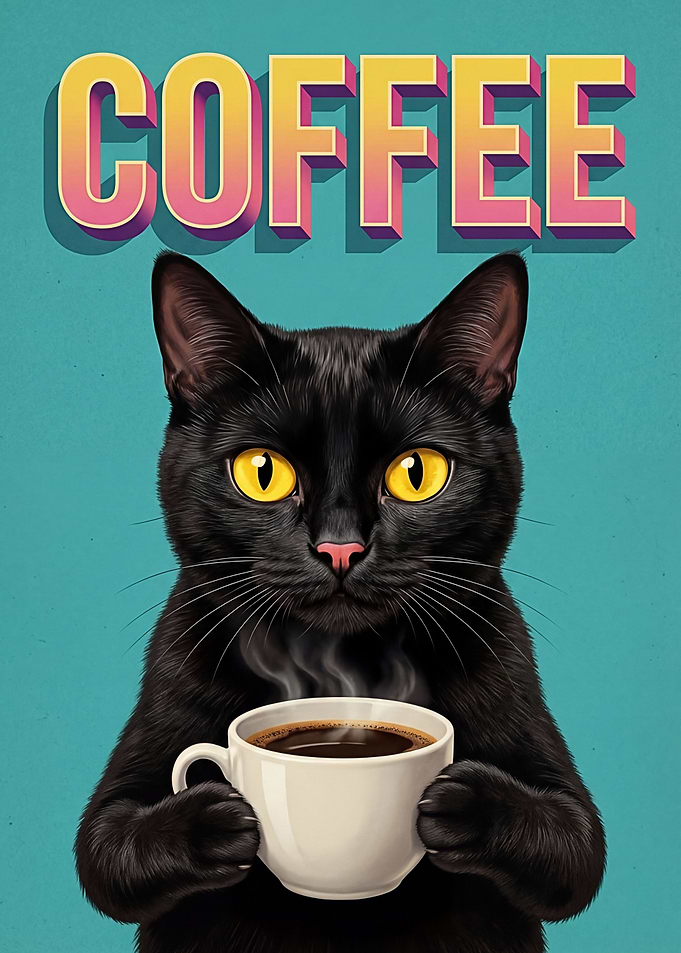 Black Cat with Coffee