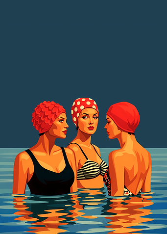 Three women in swim caps in water