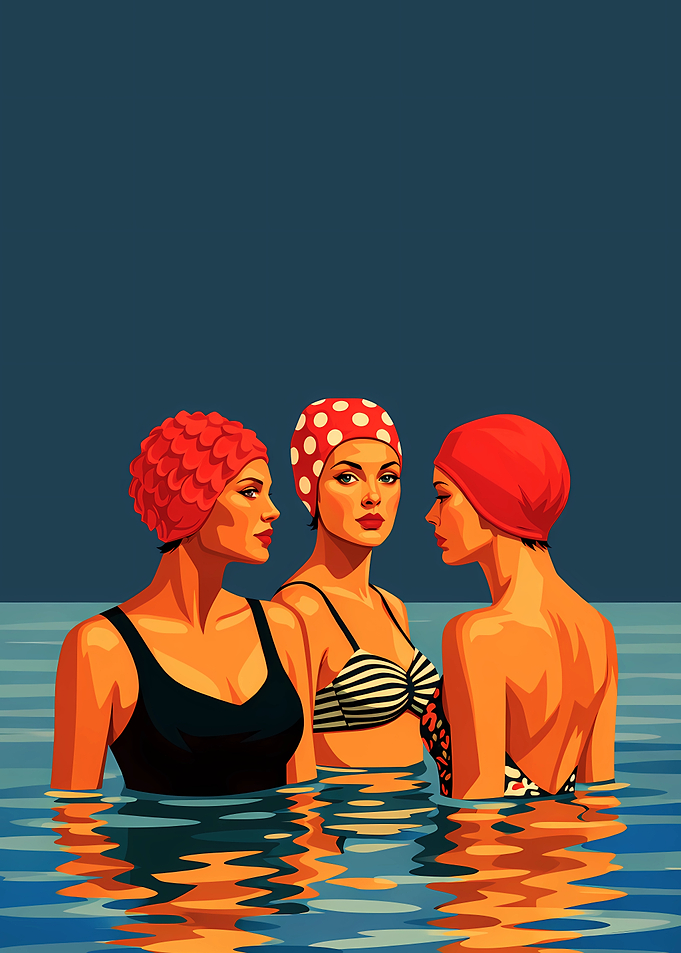 Three women in swim caps in water