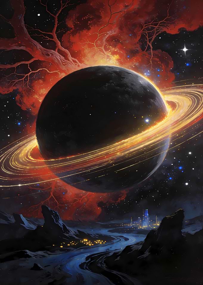 Alien Planet with Rings and City