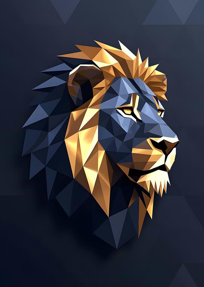 Geometric Lion Head with Gold and Blue