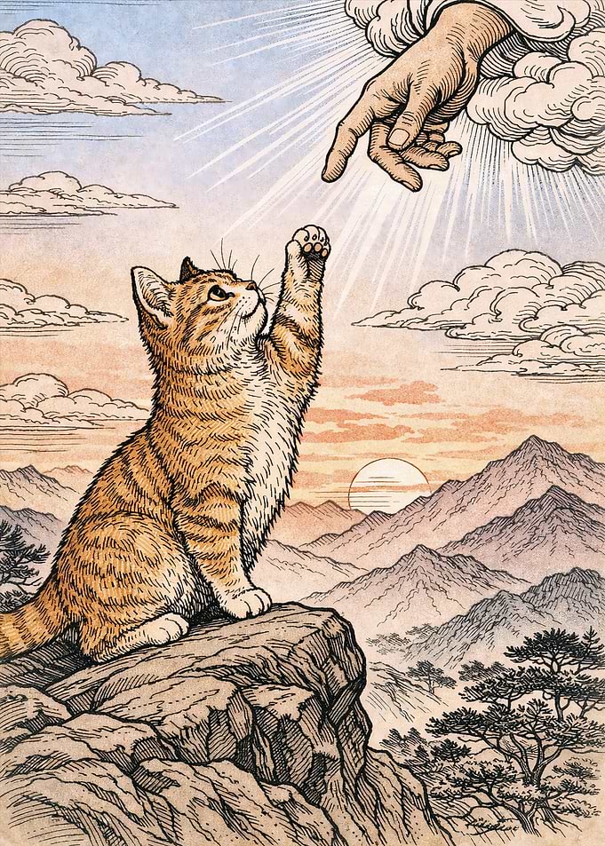 Cat Reaching for Divine Hand