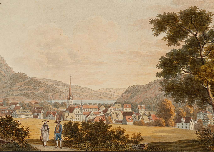 Village scene with figures and lake