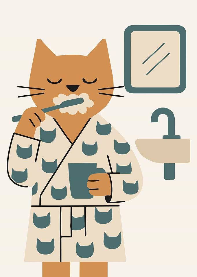 Cat Brushing Teeth in Robe