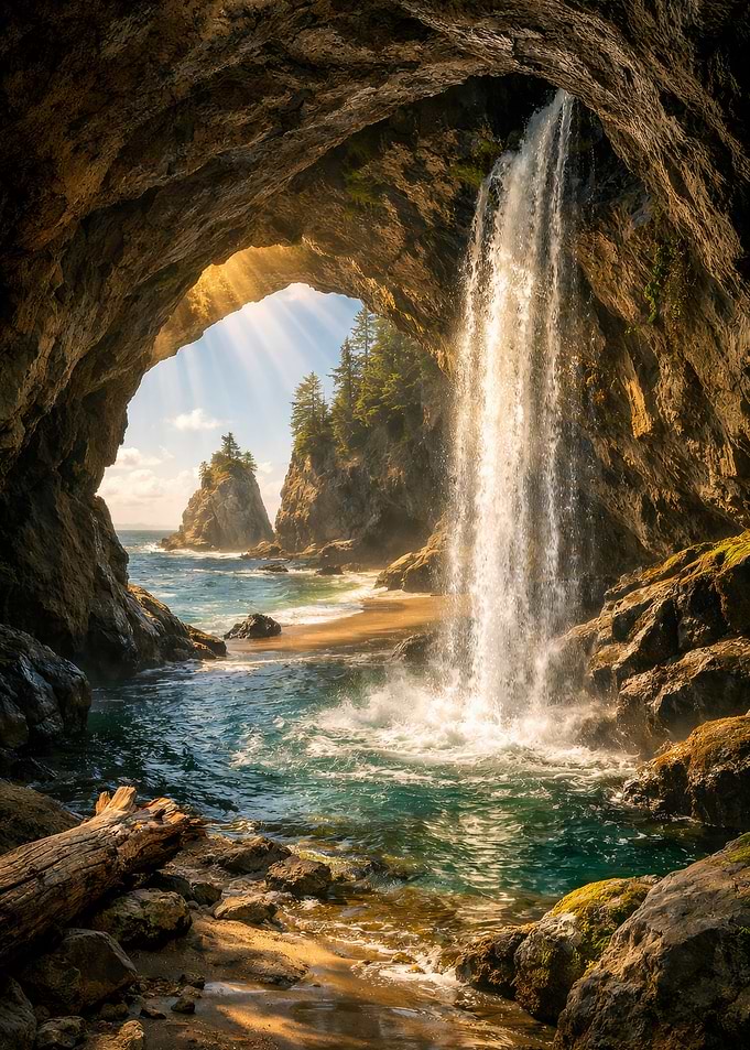 Cave Entrance Waterfall Ocean View