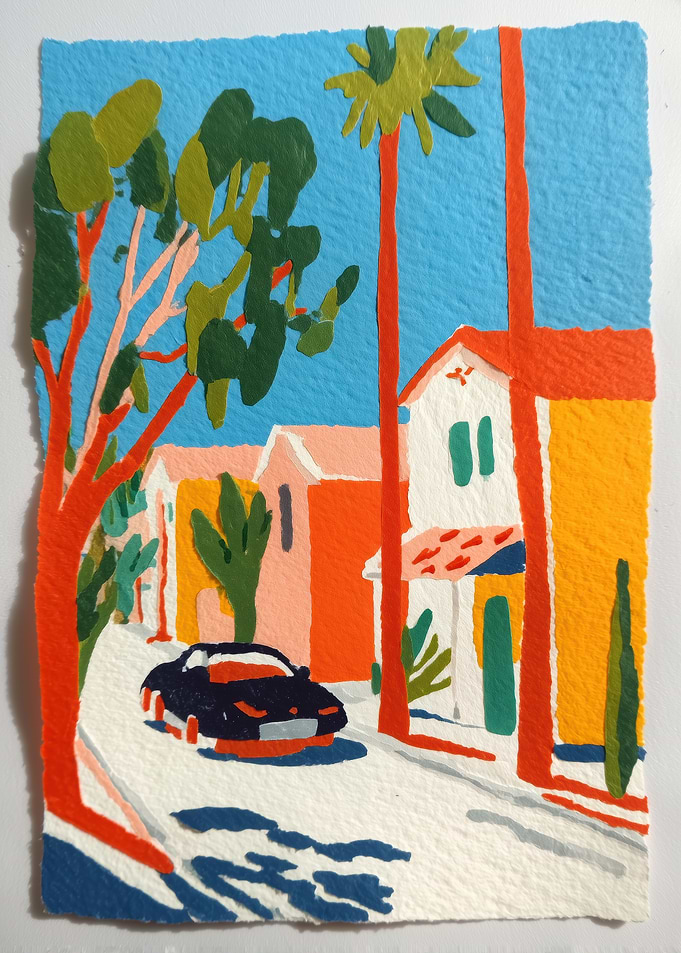 Colorful Street Scene with Car and Houses