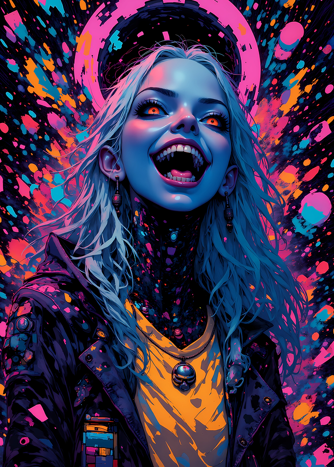 Vampire Girl with Neon Splatter Background