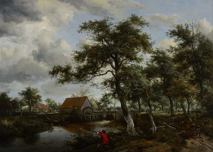 Hunter by a Watermill Landscape