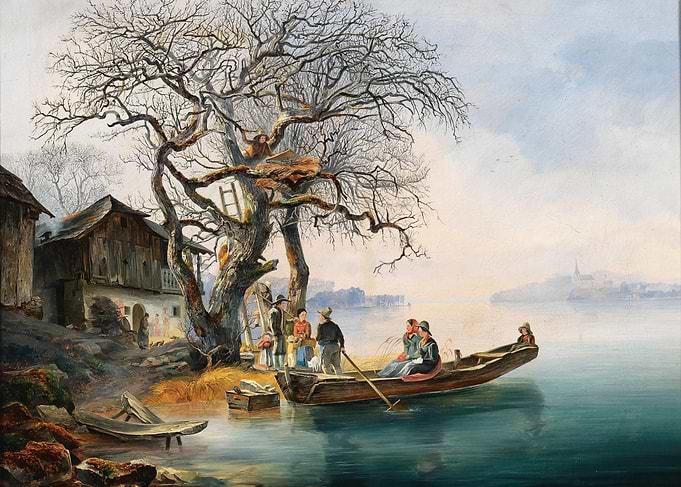 Winter Scene with Boat and Village