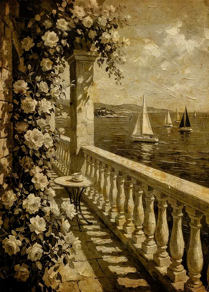 Balcony View of Sailboats and Roses
