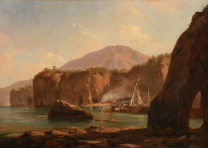 Coastal Scene with Boats and Mountains
