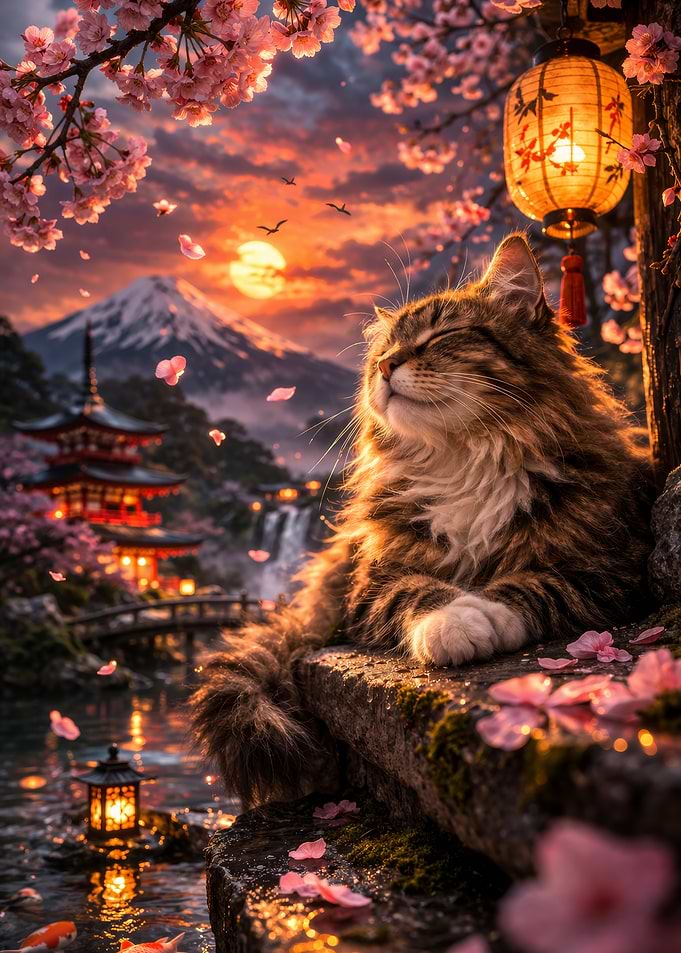 Cat enjoying cherry blossoms at sunset