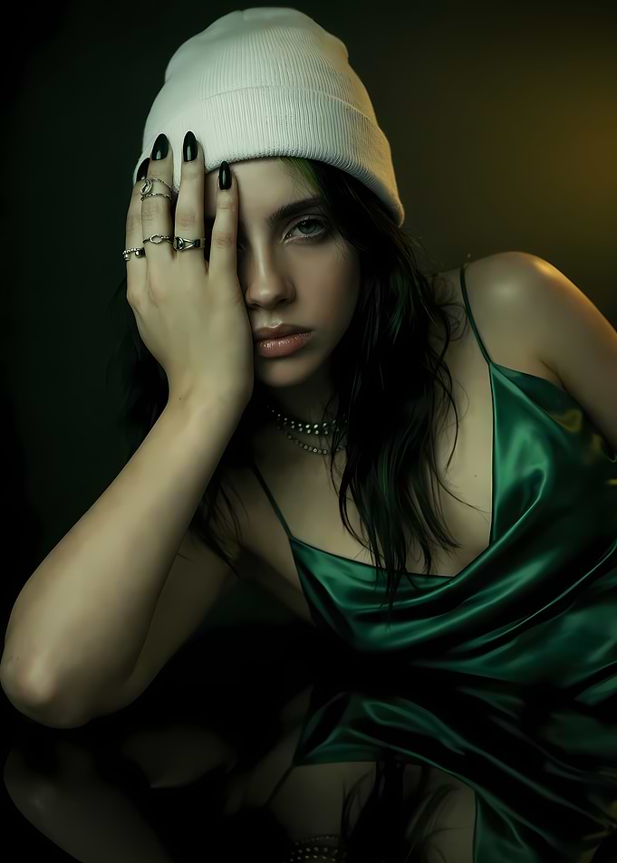 Billie Eilish in green satin dress