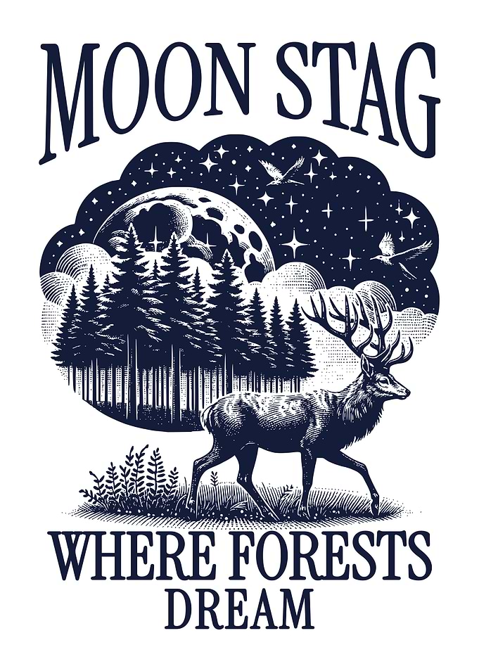 Moon Stag Forest Wall Art, Vintage Deer Night Landscape Poster, Woodland Nature Illustration