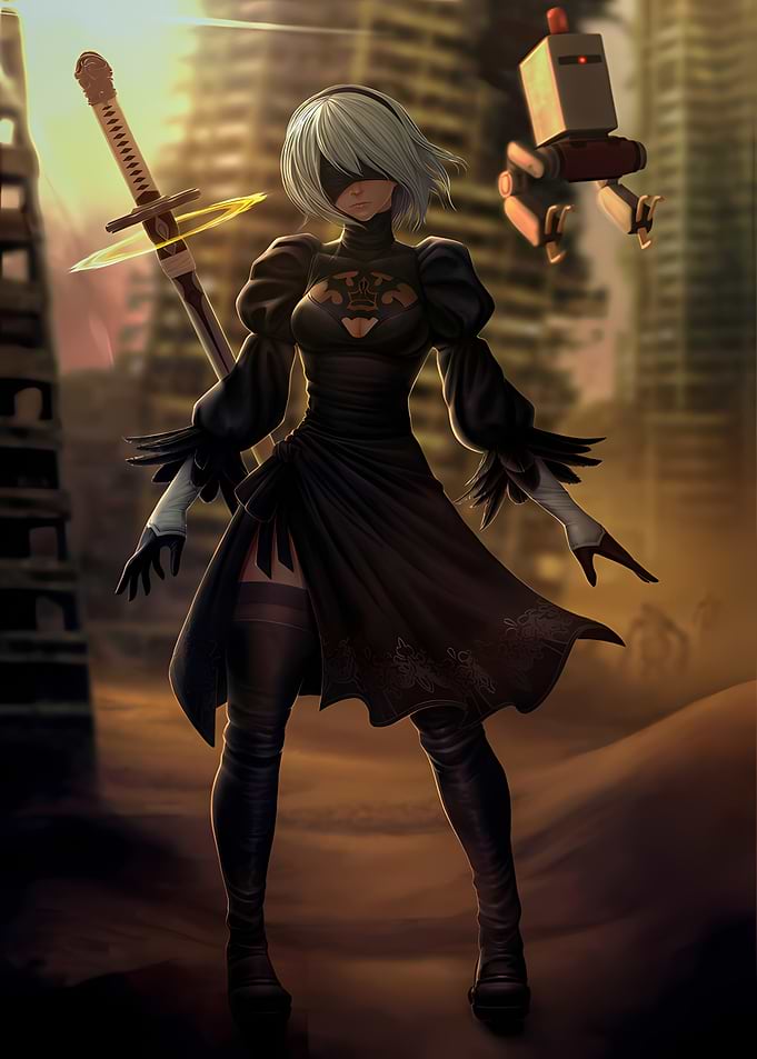 2B and Pod 042 in a Ruined City