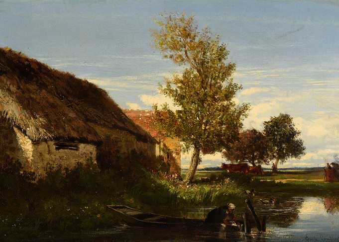 Rural Scene with Thatched Cottage and River