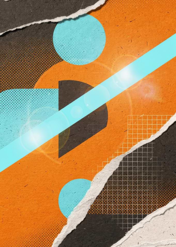 Torn Paper Geometric Collage — Vibrant Orange & Cyan Abstract