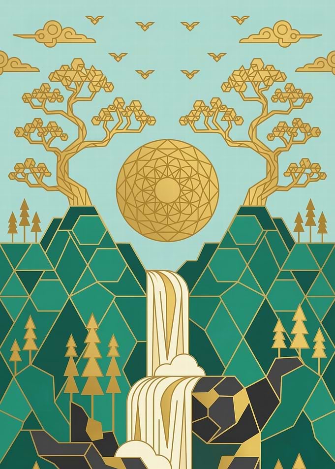 Geometric Mountain Waterfall Landscape