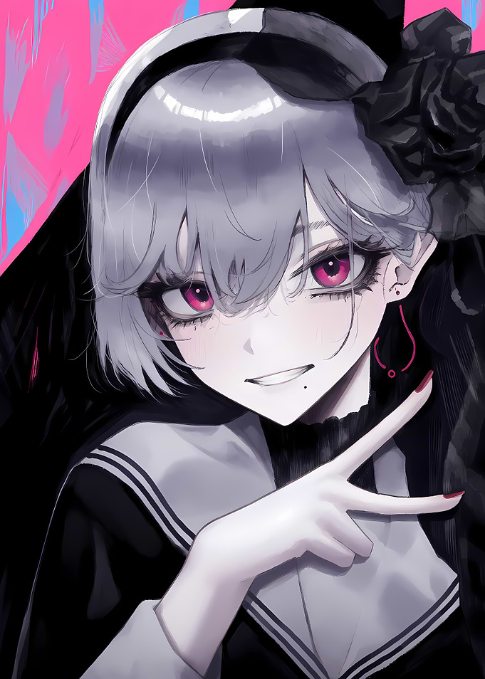 Anime Girl with Pink Eyes and Black Rose