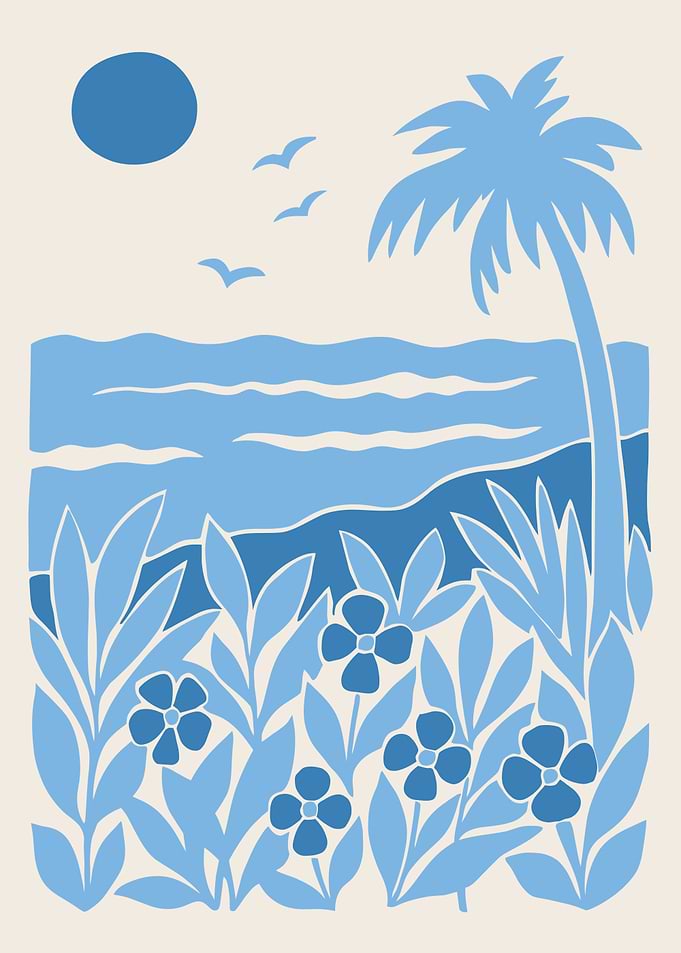 Tropical Beach Scene with Palm Tree and Flowers