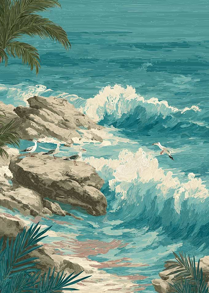 Seagulls on Rocky Shore with Crashing Waves
