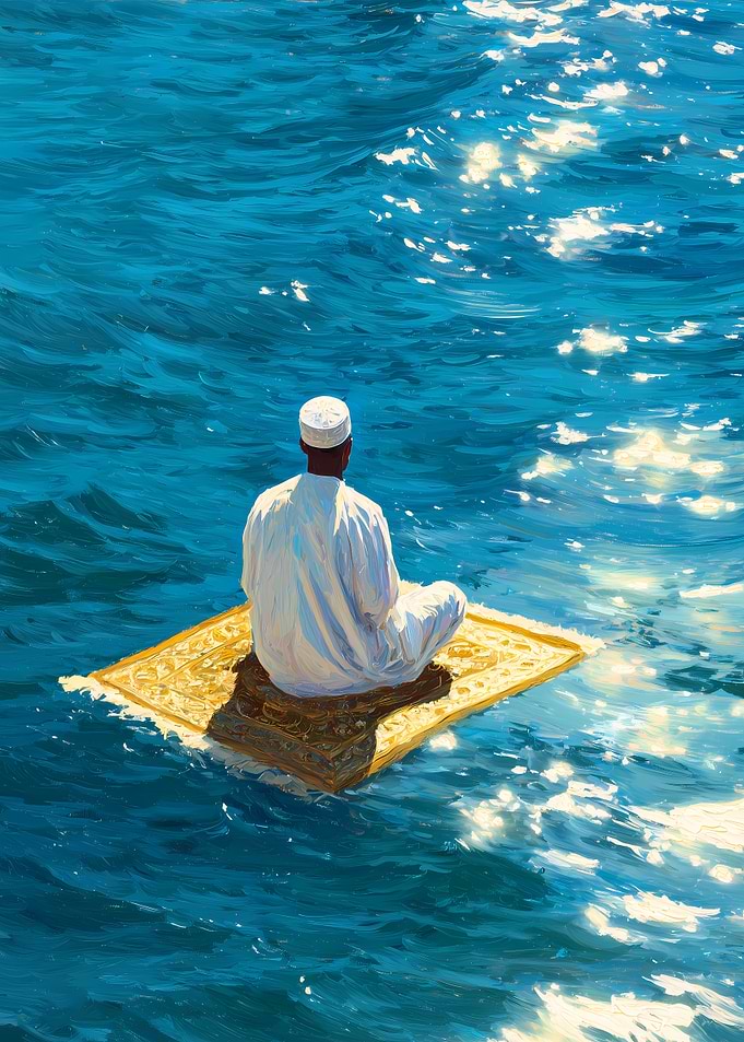 Man on magic carpet over water