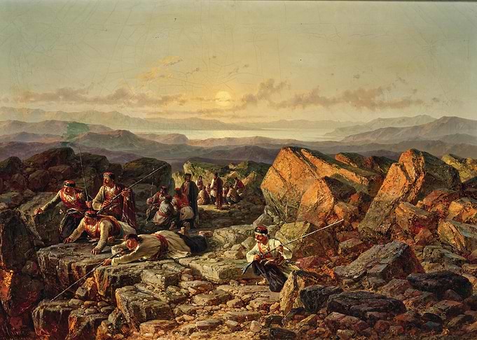 Mountain Landscape with Soldiers at Sunrise