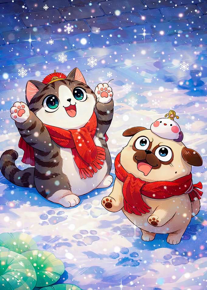 Cute Cat and Dog in Snow
