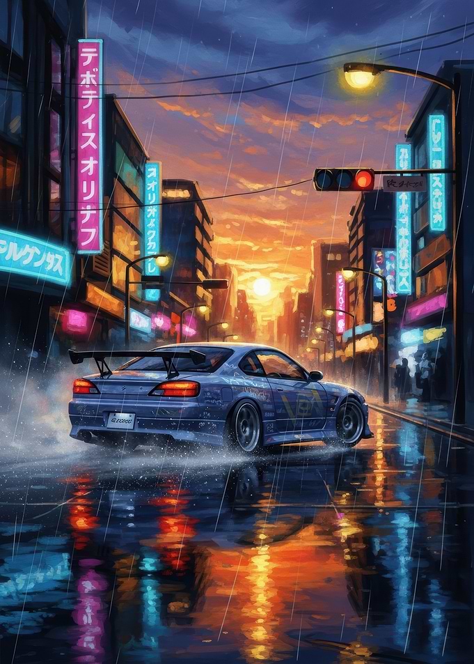 Blue sports car in rainy city at sunset