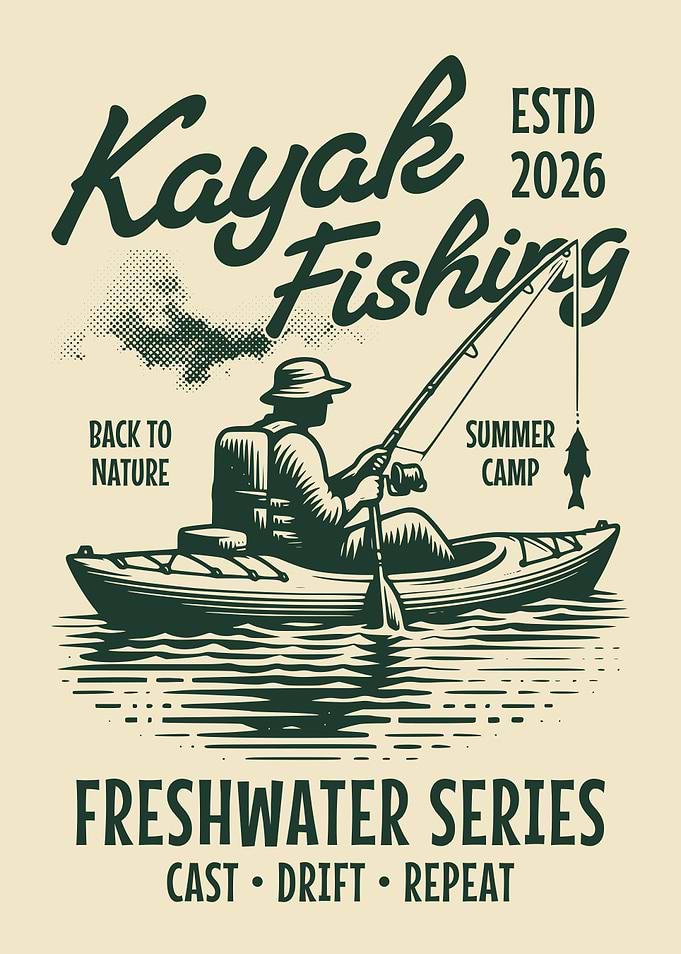 Vintage Kayak Fishing Wall Art, Freshwater Fishing Poster, Angler Kayak Illustration, Fishing Decor