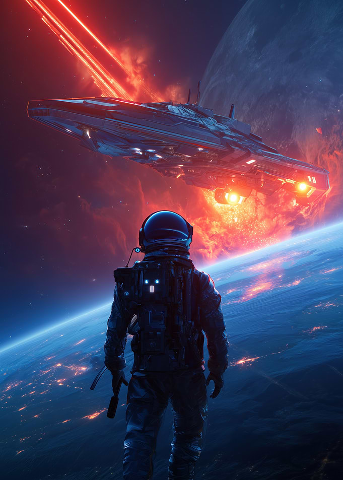 Astronaut Watching Spaceship Battle over Earth