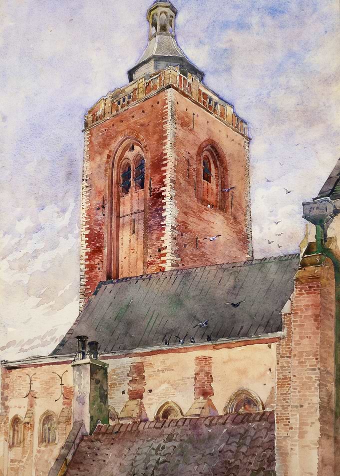 Watercolor painting of a church tower
