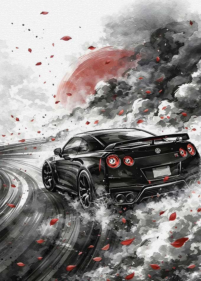 Black Nissan GT-R Drifting with Red Petals