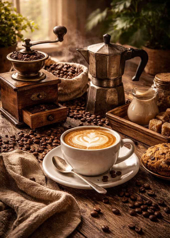 Coffee Grinder, Moka Pot, and Latte Art