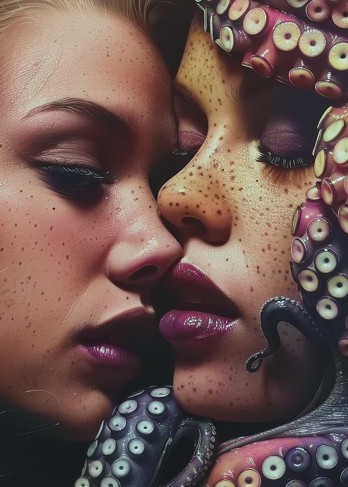Close-up of two faces with octopus tentacles