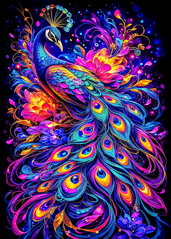 Vibrant Peacock with Floral Accents