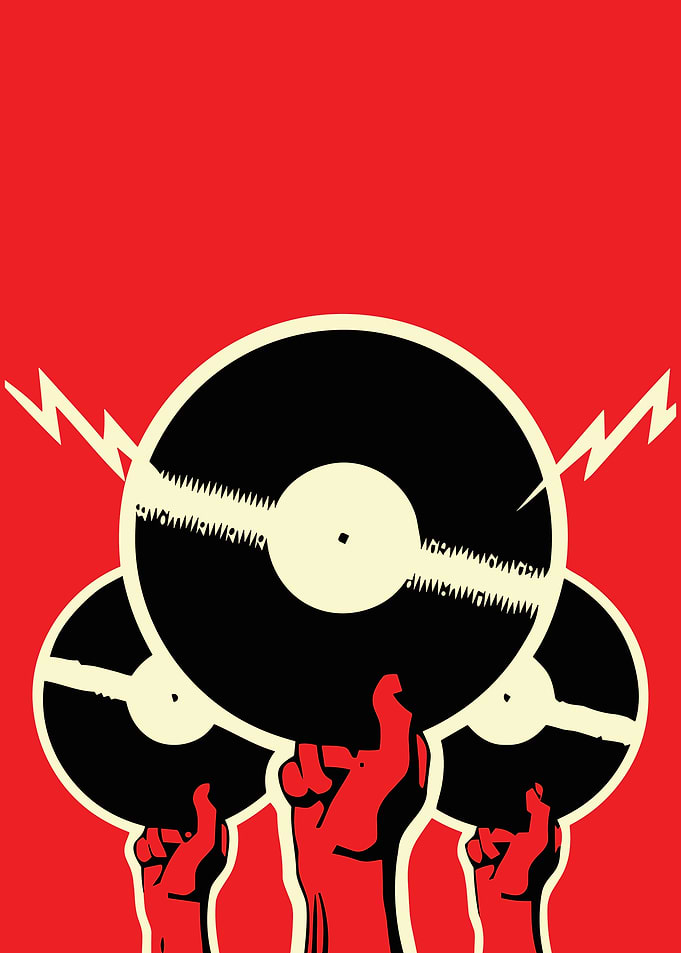 Retro Vinyl Poster, Red Hands Holding Records, Bold Graphic Music Wall Art Print