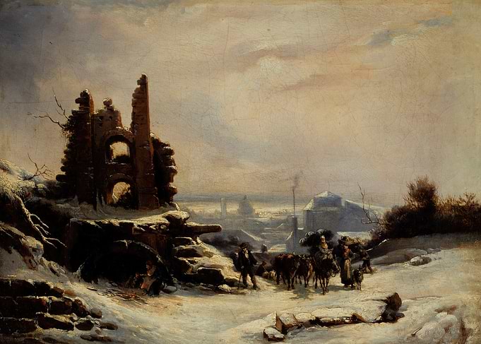 Winter Ruin Landscape with Travelers