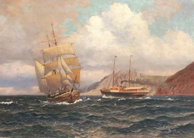 Sailing Ship and Steamer near Coast
