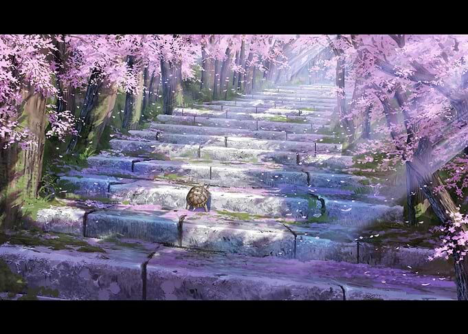 Turtle on Cherry Blossom Path